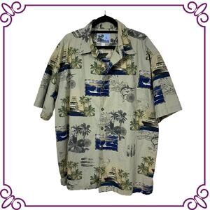 AFTCO Bluewater Tropical Hawaiian Fishing Boats Nautical Cotton Camp Shirt 2XL